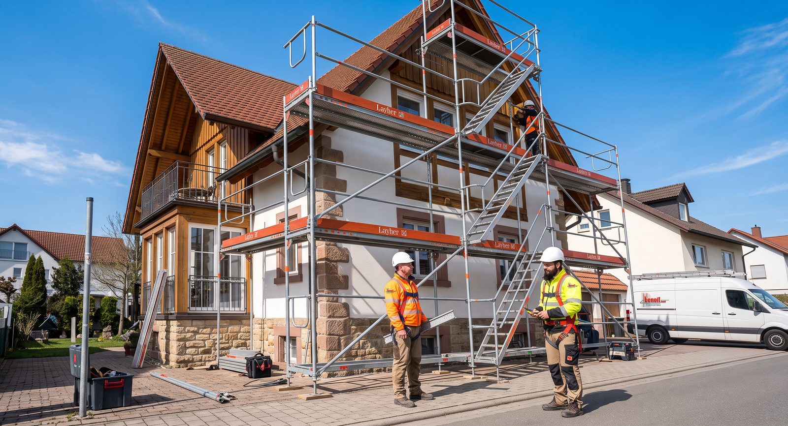 Gerüstbauer von Benoit beim Aufbau eines Layher-Gerüsts an einem Wohnhaus